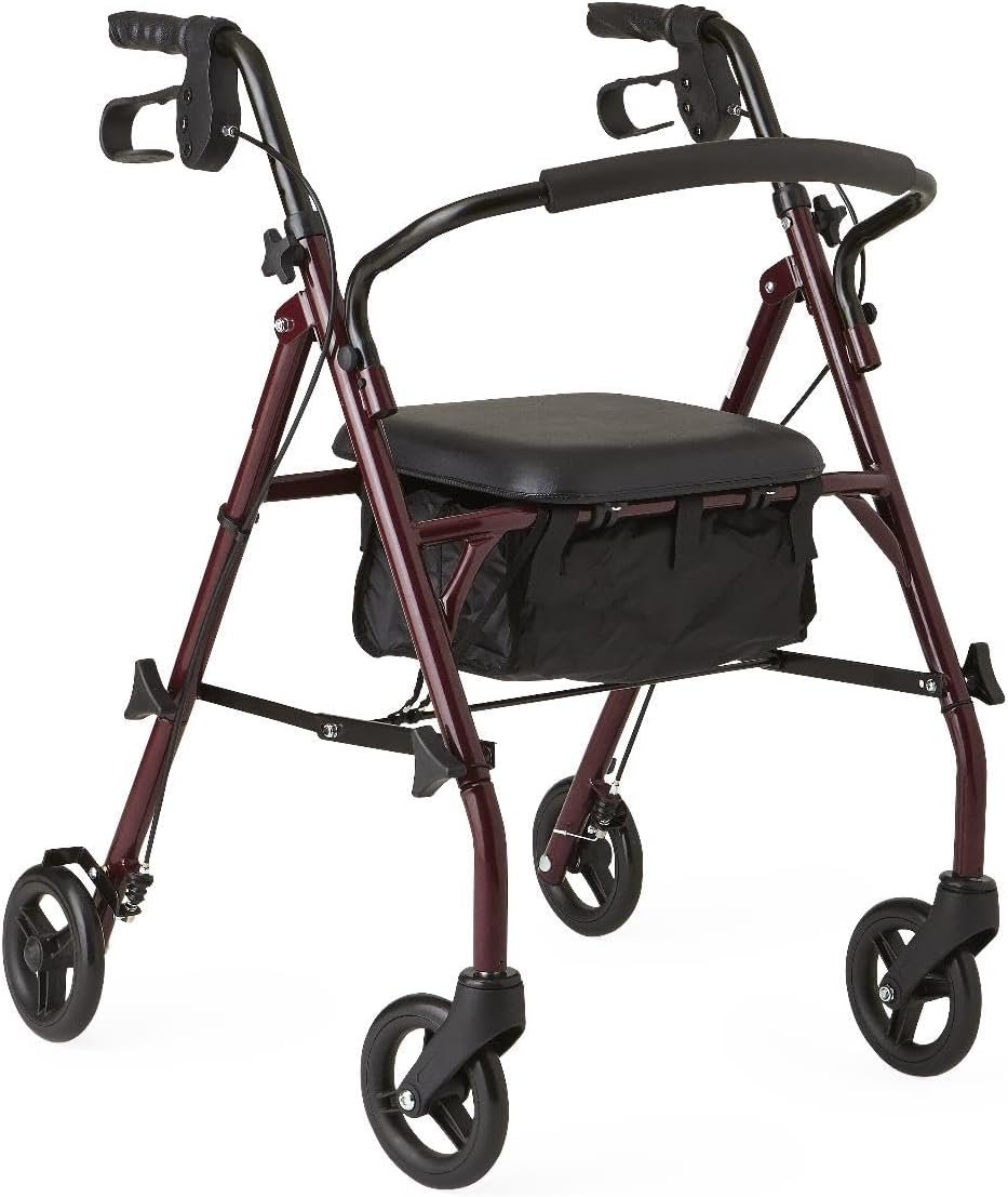 61l3MvoGAuL._AC_SL1200_.jpg Medline Steel Rollator Walker with Seat, Burgundy, 350 lb. Weight Capacity, 6 - Image 1