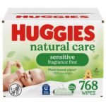 Huggies Natural Care Sensitive Baby Wipes, Unscented, Hypoallergenic, 99% Purified Water, 12 Flip-Top Packs 768 Wipes Total, Packaging May Vary