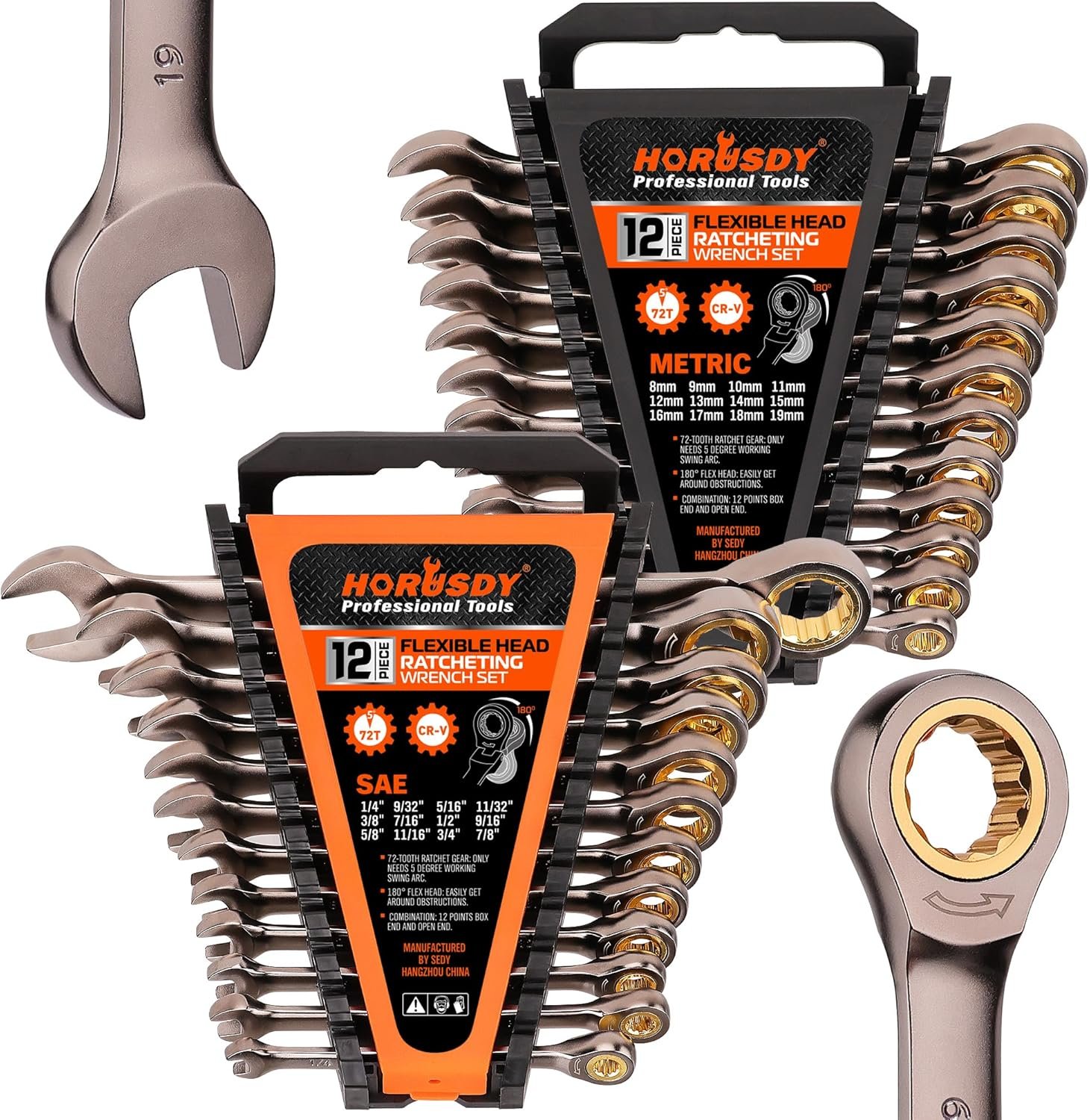 81VjcU0NMwL._AC_SL1500_.jpg HORUSDY 24-Piece Ratcheting Wrench Set | Metric and SAE | Ratchet Combination Wrenches Set with Organizer | 72-Teeth | Chrome Vanadium Steel | 8-19 mm & 1/4” to 7/8“ - Image 1