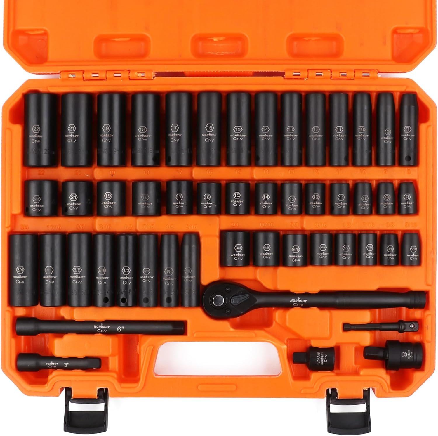 81pXK9czHL._AC_SL1500_.jpg HORUSDY 3/8"e; Drive Impact Socket Set, 50-Piece Standard SAE 5/16 to 3/4 inch - Image 1