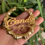 Stainless Custom Bamboo Earrings Heart Hoop Personalized Name Earrings Personalized Jewelry Letter Earrings for Women MOM Gift