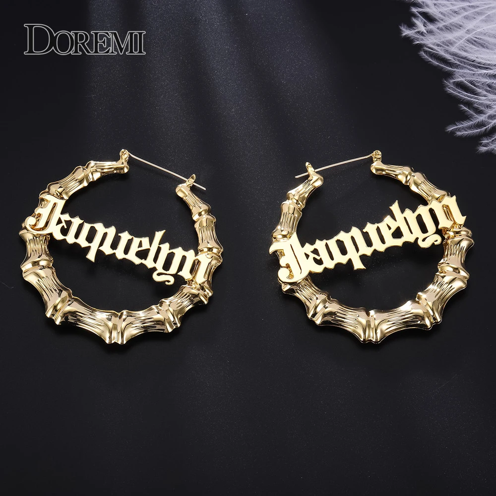 kf-Hd95927a2734747ba85c61f97905d553dy DOREMI Stainless Steel Bamboo Hoop Earrings Customize Name Earrings Bamboo Style Custom Hoop Earring With Statement Words Number - Image 1