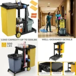 three-shelf traditional plastic janitorial cleaning cart with two yellow shelves for commercial housekeeping use
