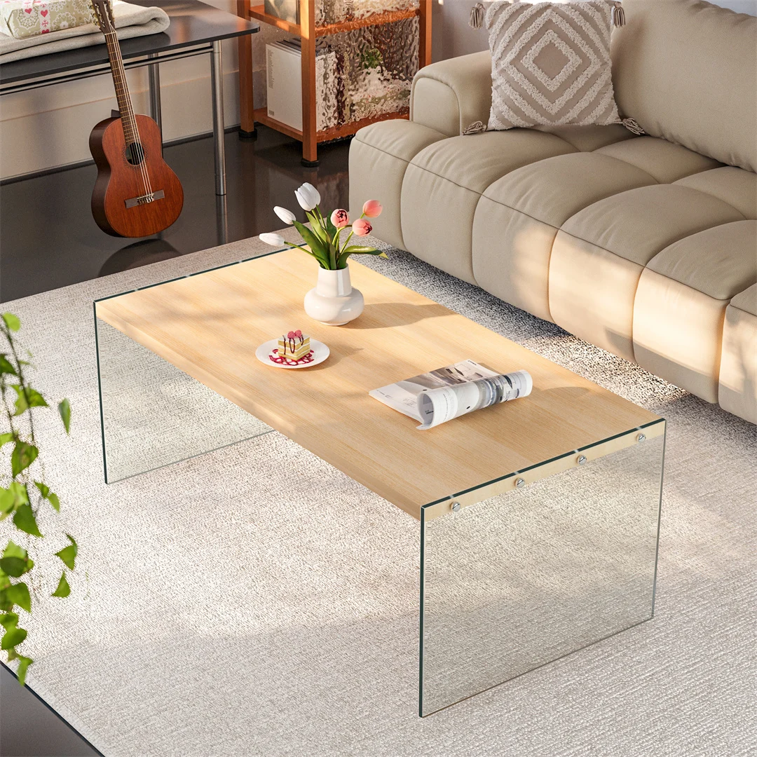 kf-S0a65a76df51040d0970abbaaa3f9bedb5 Modern Living Room Center Table 120x60cm Rectangle Wood Tabletop Coffee Table Tea Table with Tempered Glass Stand - Image 1