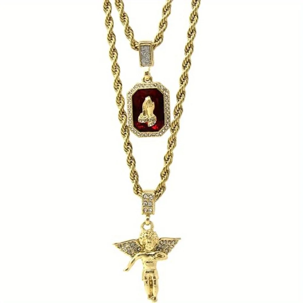 kf-S1651819150bf47069b4d656d8e7ab692x Mens Gold Angel & Ruby Bundle Set Cz Pendant Hip Hop Rope Chain Men's and women's necklaces - Image 1