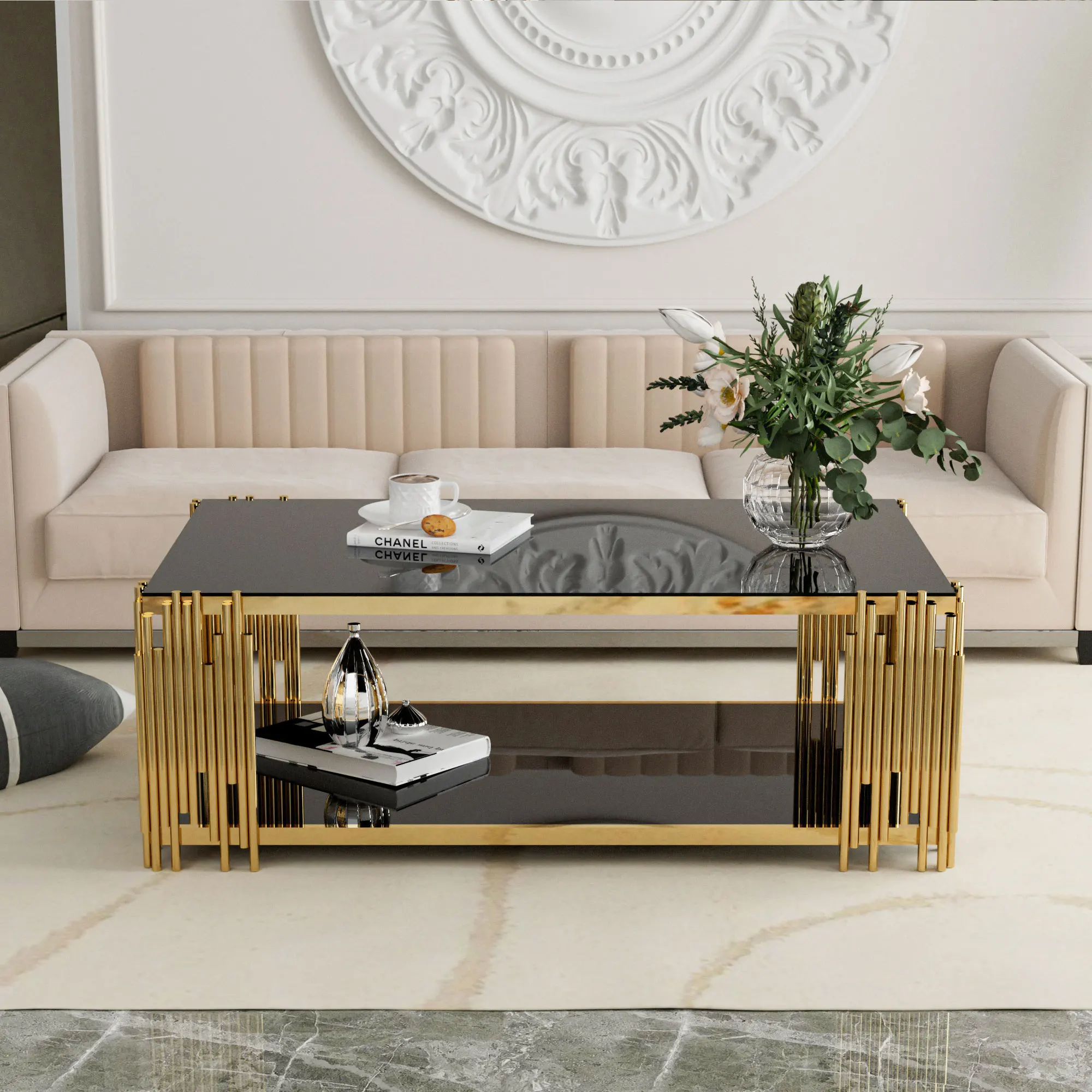 kf-S1f6a6a106a4b4b498a08ad72a0de2de3o Stainless Steel Rectangle Glass Coffee Table for Living Room 51.18" Modern Center Table with Black Tempered Glass 8mm Gold Leg - Image 1