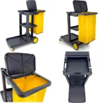 heavy-duty janitorial cart with 3 shelves, 25 gallon vinyl bag, 450 lbs capacity, black for efficient cleaning