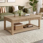 Coffee Table, 39 Inch Modern Coffee Tables for Living Room with 2-Tier Storage & Wave-Edge, Oak Center Table for Bedroom/Office