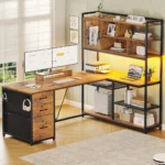 L Shaped Computer Desk, 58'' Office Desk with 3 Drawers and Bookshelf, L Shaped Corner Desk with Storage Shelves and LED Light