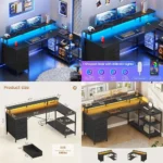 SEDETA L Shaped Desk with 4 Drawers and Storage Shelves, L Shaped Gaming Desk with LED Lights & Power Outlets, Computer Desk wit