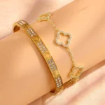 Yupsk 2 Pcs Geometric Zircon Inlaid Hollow Flower Bracelet Set for Women Daily Wear Elegant Jewelry Gift