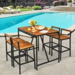 5PCS Patio Bar Table Set PE Rattan High-Dining Bistro Set w/ Acacia Wood Top