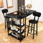 Counter Height Bar Table Set for 2, Black with 2 PU Leather Stools & 3 Shelves