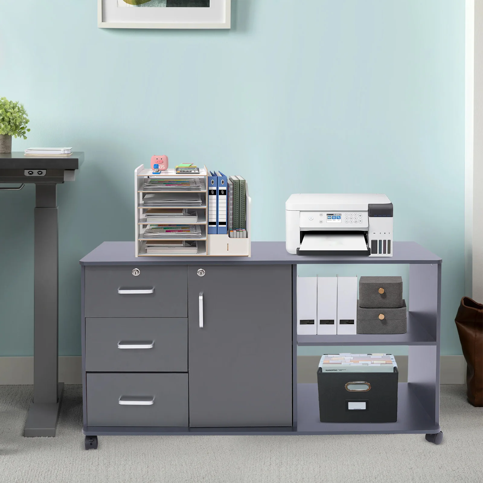 kf-S473695abc7c7487b9c2988834230de04p Modern 3-Drawer Gray Mobile File Cabinet with Lock & Wheels, Rectangular Office Storage Cabinet, Easy Assembly, 39.4x13.4x23.2in - Image 1