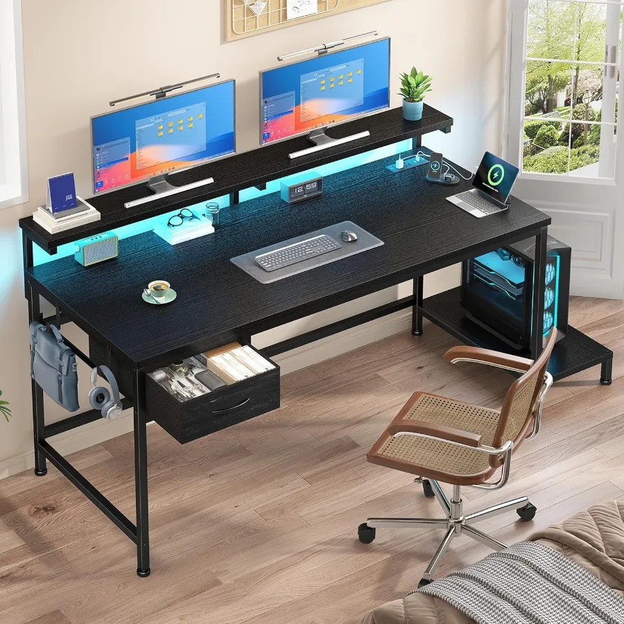 kf-S48f1dcb543c04fddaa23713612c7830b5 39.3 Adjustable Gaming Desk with Builtin Power Outlet and Ambient LED Lights Compact Computer Desk Featuring HeightAdjustable M - Image 1