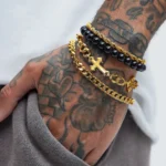 Retro Stainless Steel Cross Balck Beads Multi-layer Bracelet Hip Hop Silver Color Men Bracelet INS Jewelry Trendy Accessories