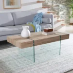 Home Collection Jacob Modern Rectangular Floating Coffee Table COF7001C, 43.3" W x 23.6" L x 15.7" H, Natural/Glass Legs