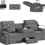 Home Theater Seating，RV Reclining Sofa Set with Adjustable Headrest， Recliner Sofa with Heat and USB&Type-C, Dawer