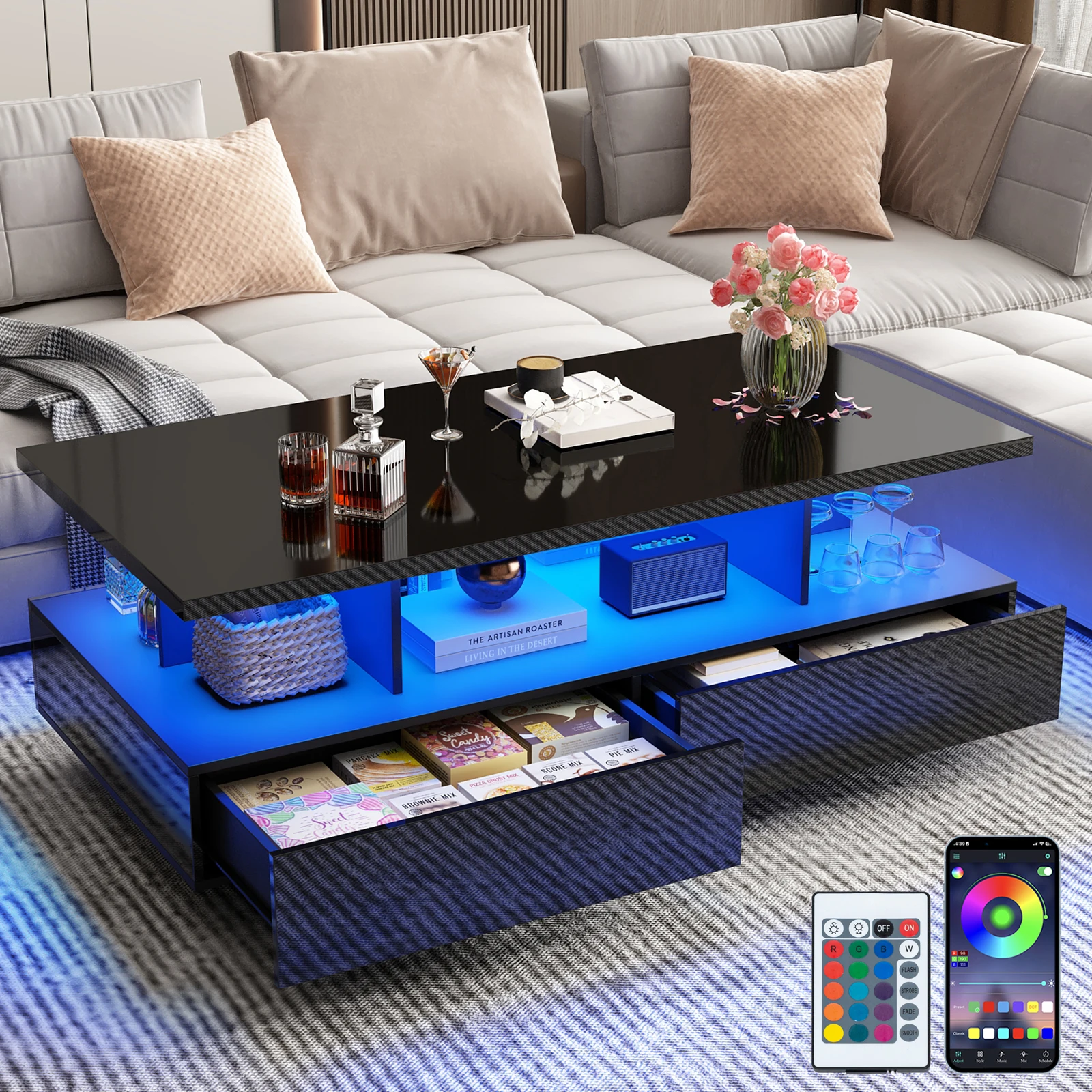 kf-S66c7a59b9c064c169ffd3c6a0da6cd6d6 43 Inch LED Coffee Table w/2 Storage Drawers, Modern High Gloss Coffee Table w/Display Shelf, Rectangle 2-Tier Center Table - Image 1