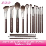 Jessup Makeup Brushes set 15pcs Brown Make up Brushes Vegan Foundation Blender Concealer Powder Eyeshadow Highlighter Brush,T498