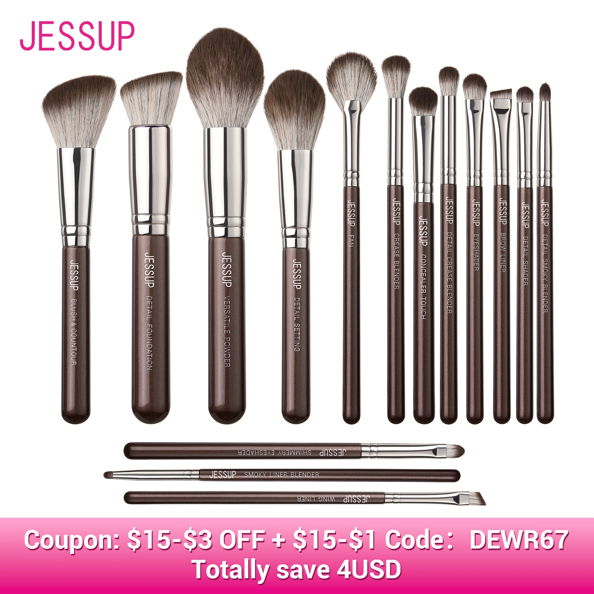 kf-S688f0ba714d448d4a15024c1a9d5500co Jessup Makeup Brushes set 15pcs Brown Make up Brushes Vegan Foundation Blender Concealer Powder Eyeshadow Highlighter Brush,T498 - Image 1
