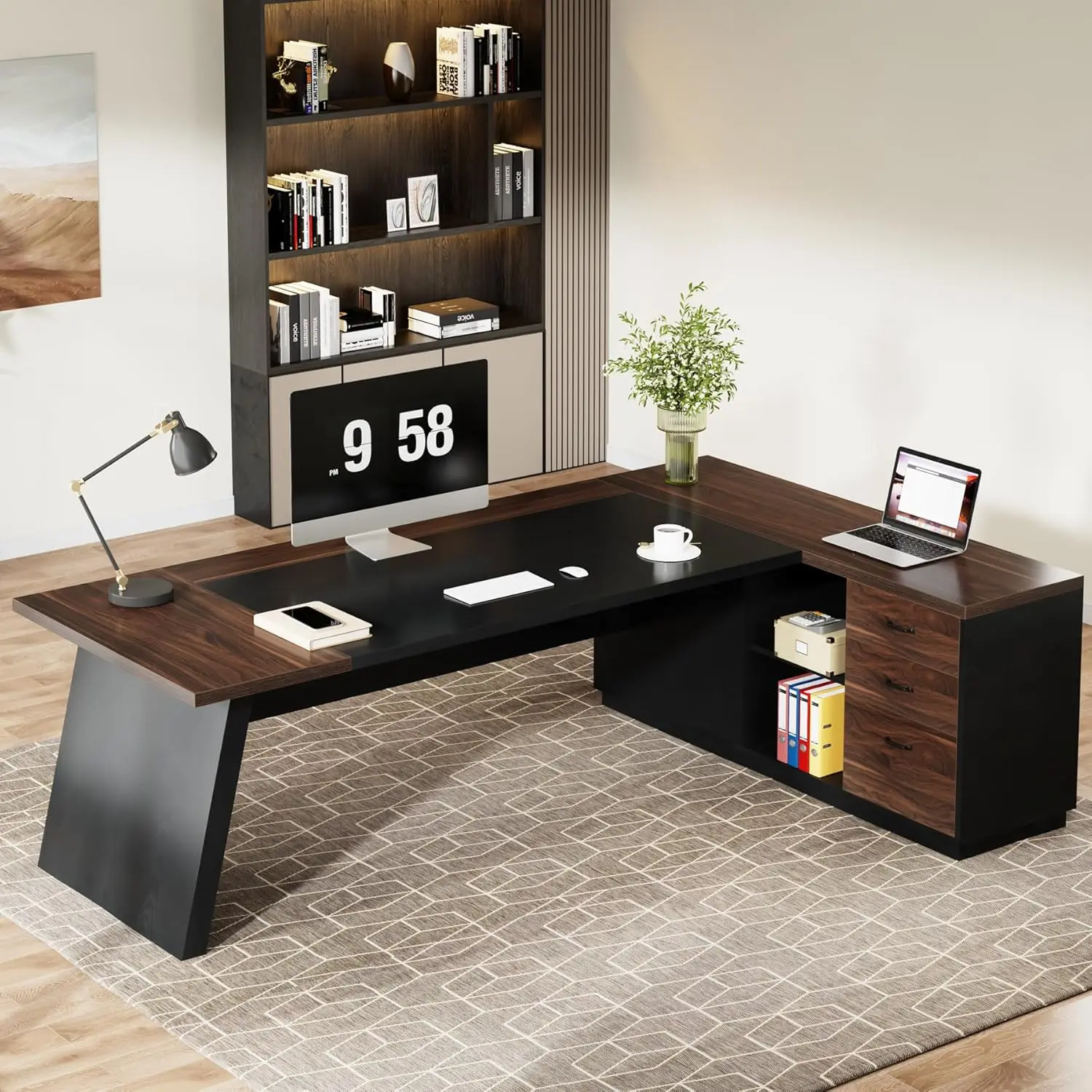 kf-S6f05460d36f3435ba3813b7784bd2de7Y L-Shaped Executive Desk, Large Office Desk with Drawers and Lateral File Cabinet,Business Furniture,Modern Computer Desk - Image 1