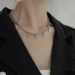 Fashion Tassel Rivet Design Necklace Women Men Silvery Alloy Collarbone Chain Daily Clothing Accessories