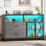 59" file cabinet, 2 drawers filing cabinets for home office fit legal/letter/a4 file, file cabinet with lock & power outlets, p