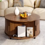 Round Coffee Table with Storage,31.5" Modern Coffee Table with 360° Curved Sliding Door,Fluted Wood Accent Coffee Tablee