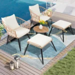 5 Piece Patio Furniture Set, Outdoor Wicker Small Conversation Bistro Set, All-Weather PE Rattan Chairs with Ottoman & Coffee Ta