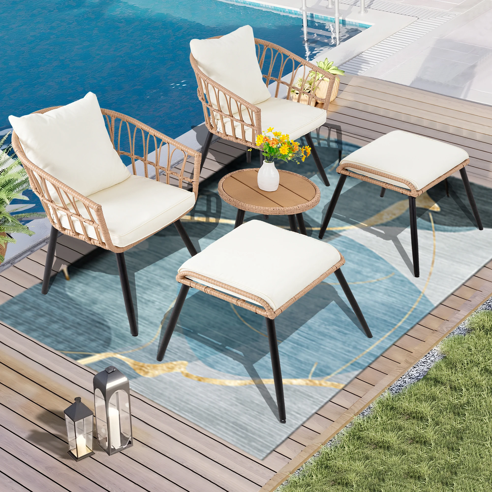 kf-S8c7e9f77d4c14bd39bf2535de15912fc9 5 Piece Patio Furniture Set, Outdoor Wicker Small Conversation Bistro Set, All-Weather PE Rattan Chairs with Ottoman & Coffee Ta - Image 1
