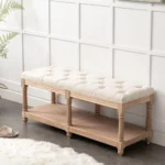 Vintage French Style Tufted Bench with Shoe Storage, 45 Extra-Long Upholstered Entryway Furniture