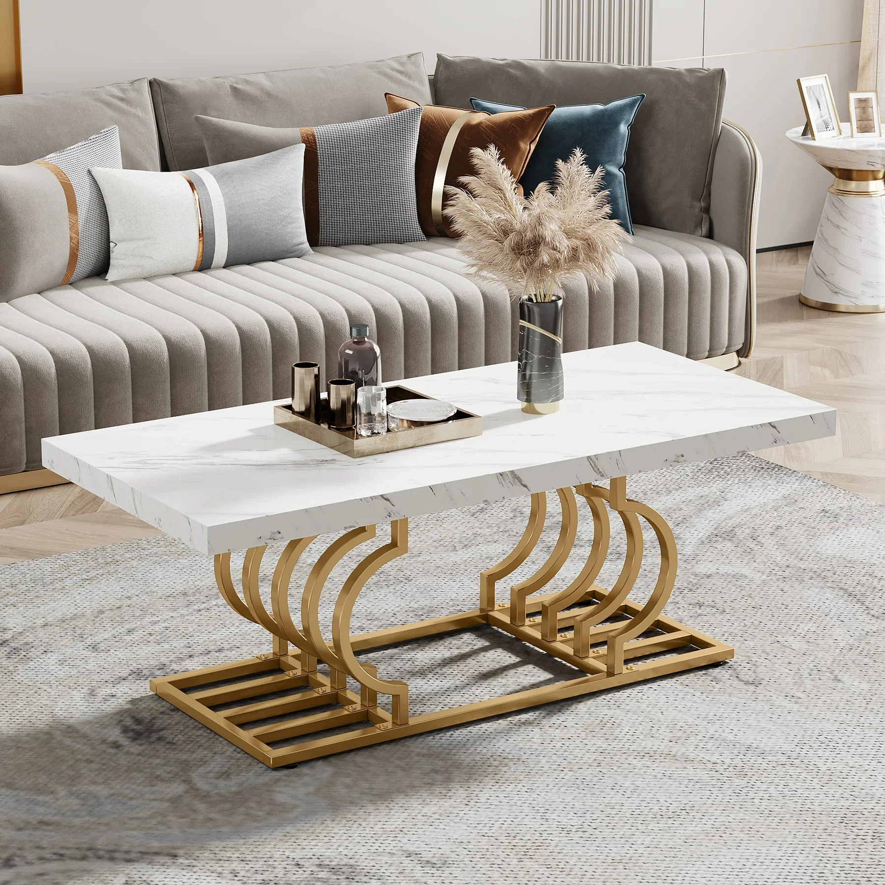 kf-S9b41ff276178489092761291194020a6d Tribesigns Coffee Table 47 inches Faux Marble Cocktail Table with Geometric Frame - Image 1