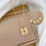 Women's Heart-Shaped Necklace with High-End Zircon Four-Leaf Flower Pendant Versatile Stainless Steel Collarbone Jewelry