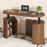 Mid Century Modern Electric Standing Desk with Storage, 55 x 22 Inch Small Sit Stand Up Desk, Wood Adjustable Height Computer