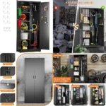 secure metal cleaning tool cabinet with 13 hooks, towel bars, and lockable door for janitorial storage