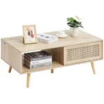 SucceBuy Rattan Coffee Table Rectangle Coffee Table 42-47in Modern Boho Style 2 Layers Storage Coffee Table for Home Bedroom