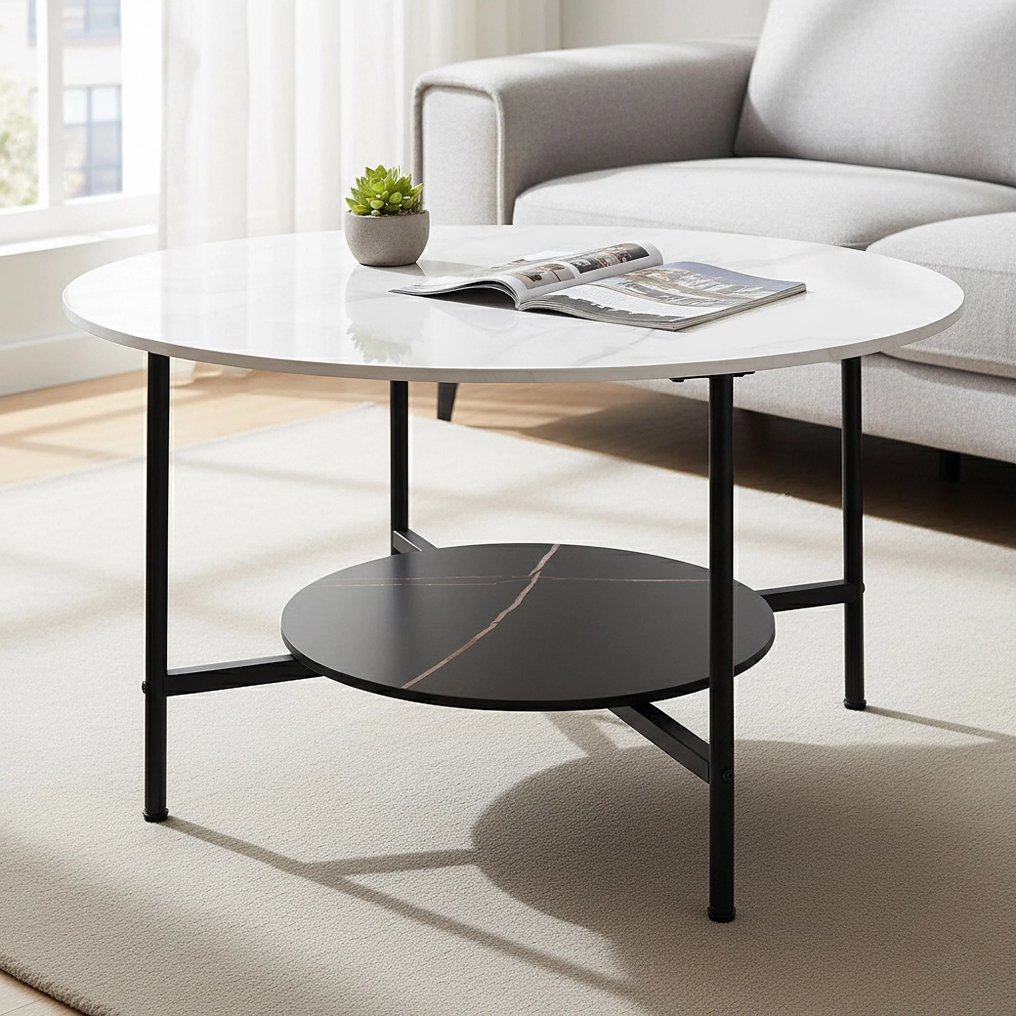 kf-Sb42405f3bd4c4e4b8d6cb89c38287979O White Marble Round Coffee Table for Living Room, 2-Tier Circle Coffee Table with Storage, Center Cocktail Table - Image 1