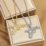 Htpwe Bling Iced Out Pistol Pendant Submachine Gun Necklace Men Personality Hip Hop Rock Punk Cool Street Party Jewelry Gift