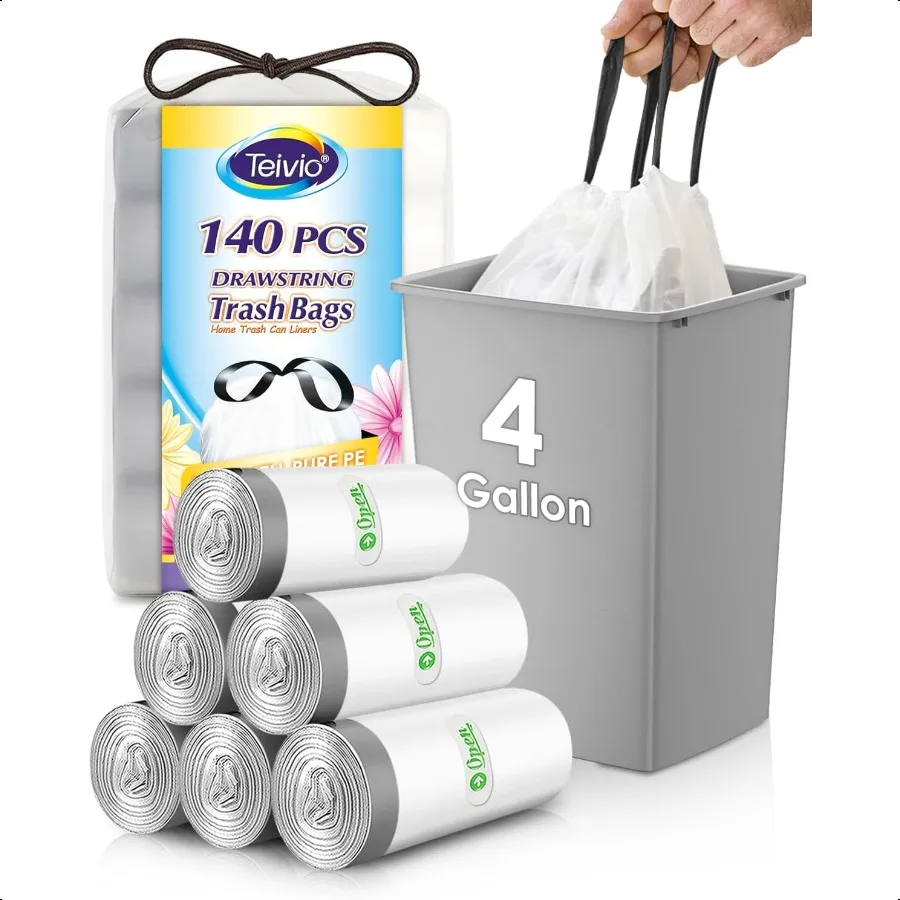 kf-Sb6af117024294662b8ddade5df3d6ec8P 4 Gallon 140 Counts Strong Drawstring Trash Bags Garbage Bags by Bathroom Trash Can Bin Liners Small Plastic Bags for home offi - Image 1