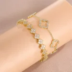 Yupsk 2 Pieces Shiny Zircon Four-leaf Flower Bracelet Bangle Stackable Jewelry Set for Women Chic Colorful CZ Jewelry