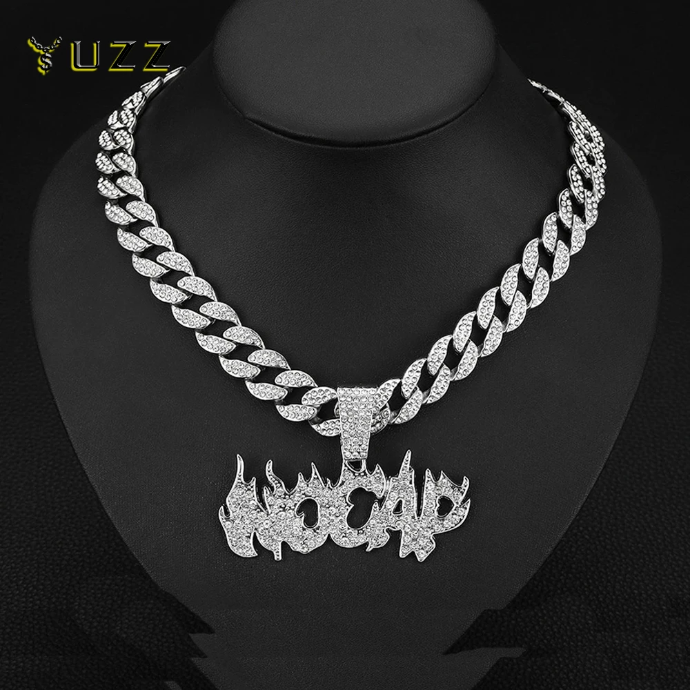 kf-Sbb6b664e4e6344eea29d9cd9bb55bd6ao Trendy Hip Hop Iced Out Bling Flame ‘No Cap’ Letters Pendants Necklace With 15mm Cuban Chain Necklaces For Men Charm Jewelry - Image 1