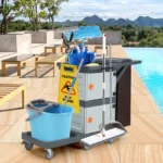 Janitorial Cart with 2 Cabinet, Cleaning Cart on Wheels with Vinyl Bag, Hotel Cart Housekeeping Room Service Cart Utility Cart