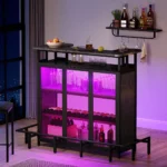 5-Tier Metal Home Bar Unit Liquor Cabinet Bar Table w/ LED Light & Glass Holders