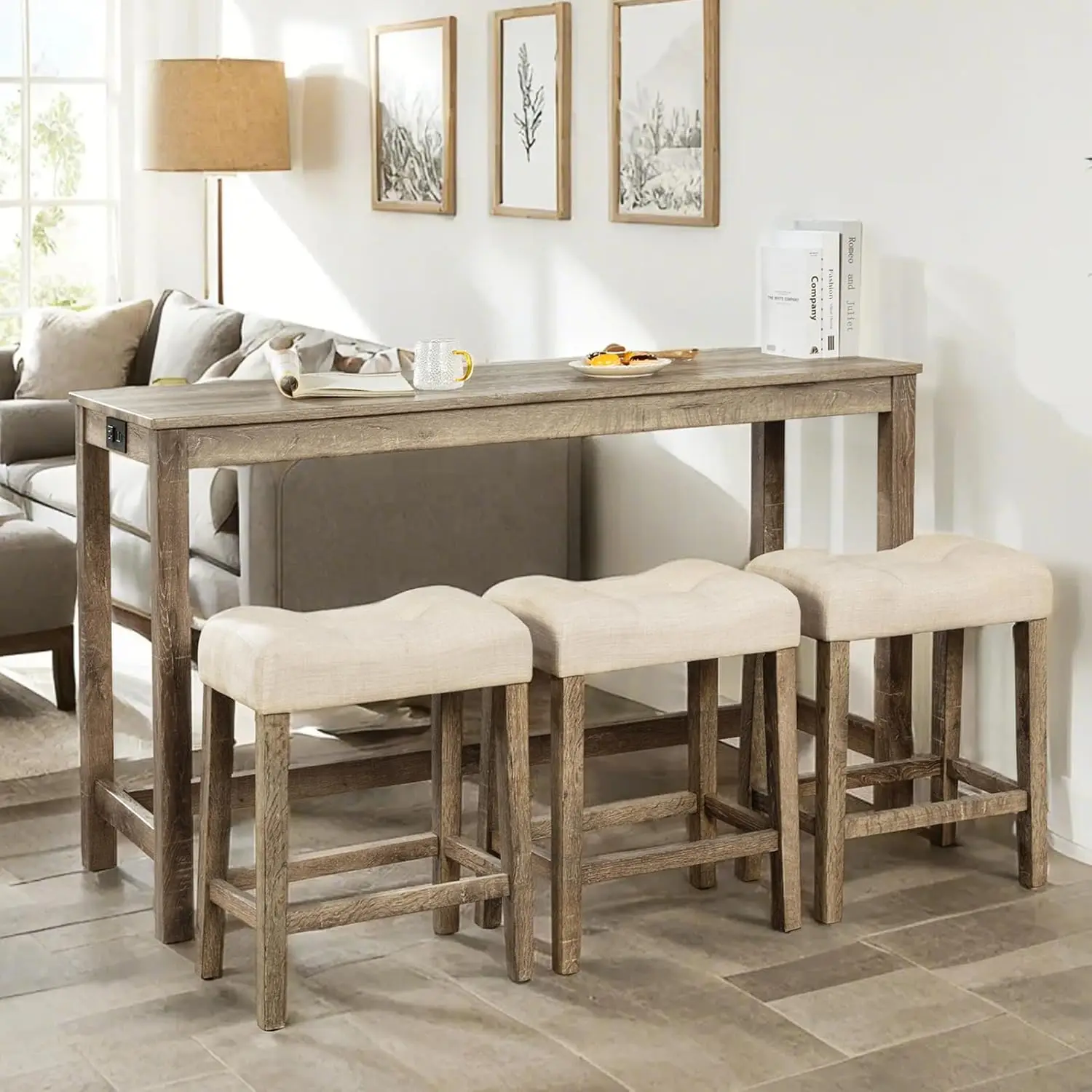 kf-Sc9cf29cd86934567a0fa7450aa08df4eb 59' Industrial Bar Table Set with Outlet & 3 Padded Stools, Brown - Image 1