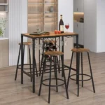5 Pieces Bar Table and Stools Set with Wine Rack and Glass Holder