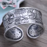 Real Pure 999 Sterling Silver Bangles For Women Wide Large Lotus Classic Tibetan Buddhism Jewelry Jonc Argent 925