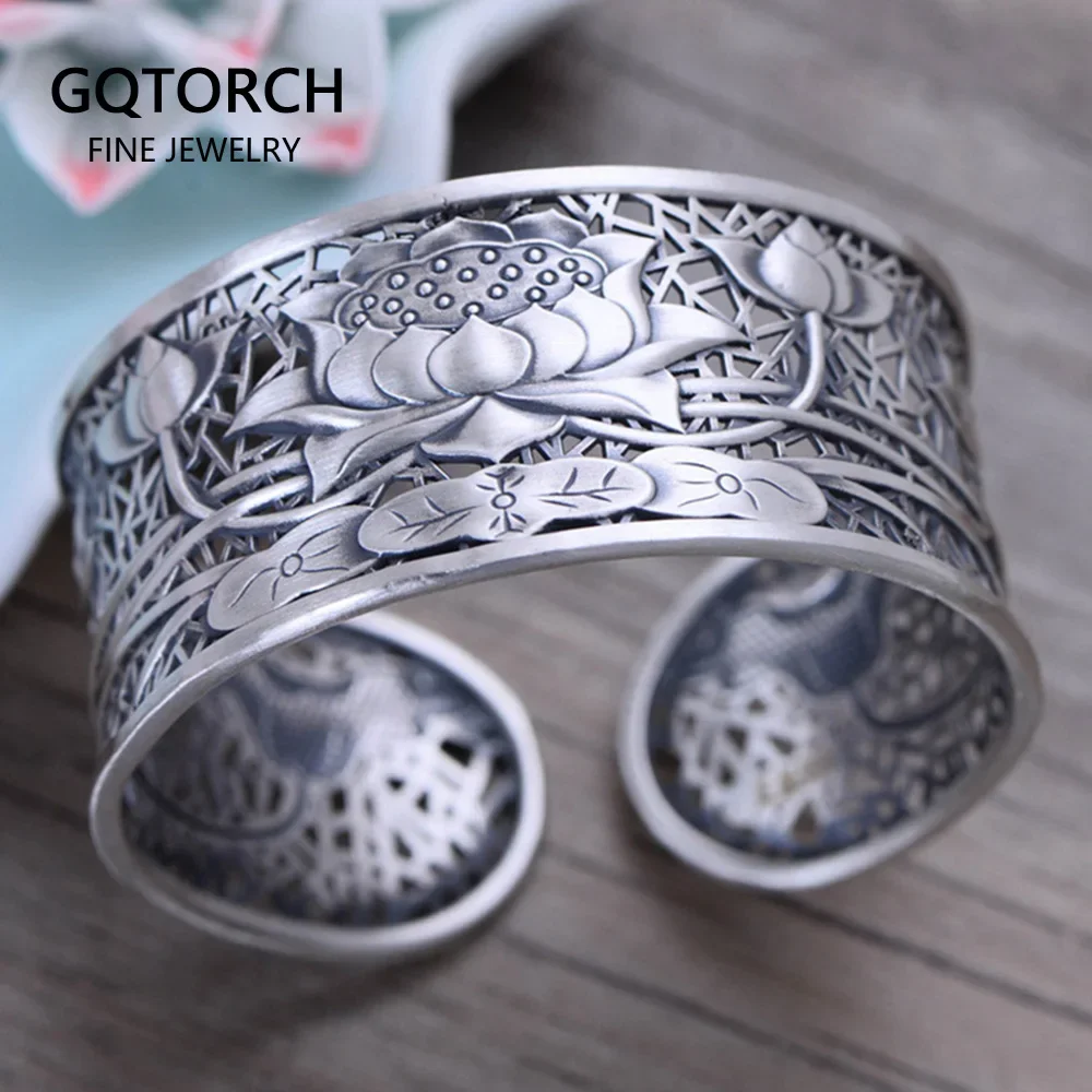 kf-Sd04b8c7e28a349ebb5871dbd5fec4efac Real Pure 999 Sterling Silver Bangles For Women Wide Large Lotus Classic Tibetan Buddhism Jewelry Jonc Argent 925 - Image 1