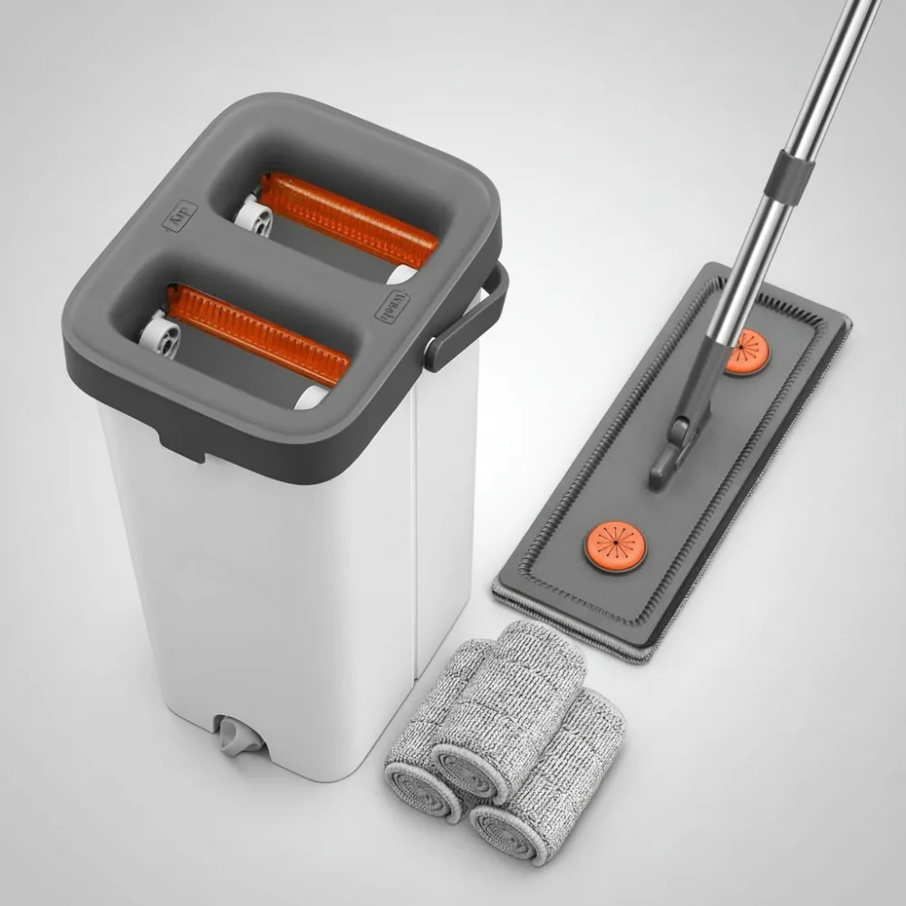 kf-Sd0c4711c2f304d97b7c283dd36adff6e1 Hands-Free Flat Mop and Bucket Set with Wringer, 360° Rotatable Head for Floor and Window Cleaning, Includes 3 Microfiber Pads - Image 1