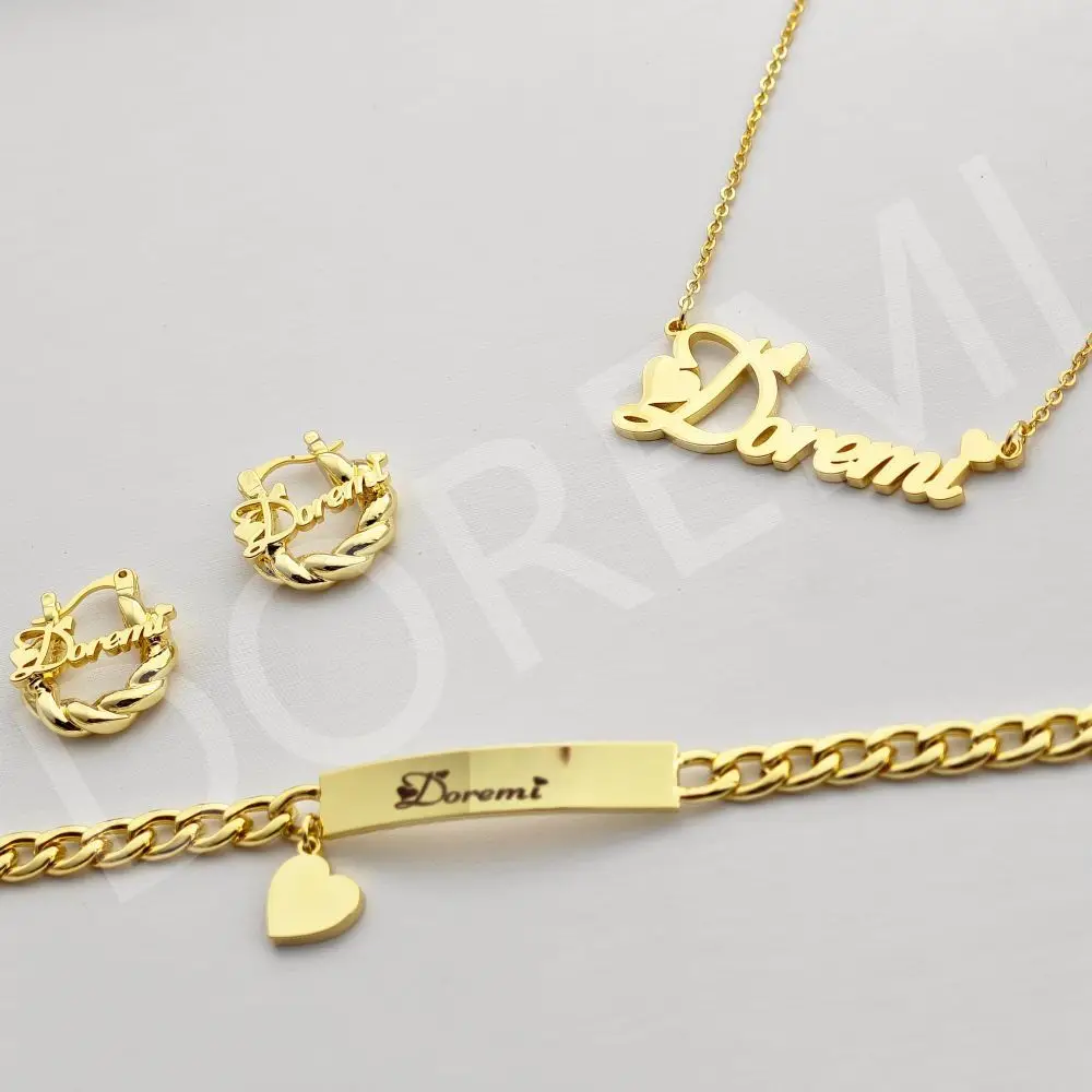 kf-Sdaf60b13da4542bc8add114181f89a10L DOREMI Girls Kids Jewelry Set Custom Name Heart Font Necklace Engrave Bracelet 18mm Earring Women Personalized Kids Jewelry - Image 1